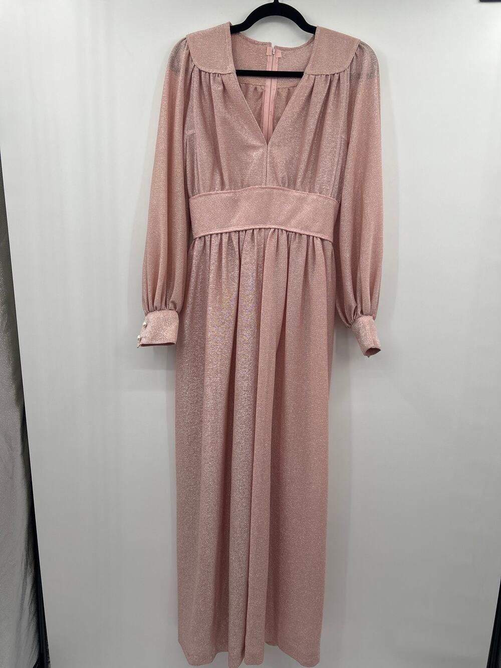Vintage Style Pink Shimmer Maxi Dress Long Sleeve Empire Waist Formal Gown S?